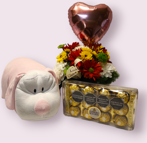 Florero con Globo Rosado, bombones Ferrero y Almohada - Imagen 4