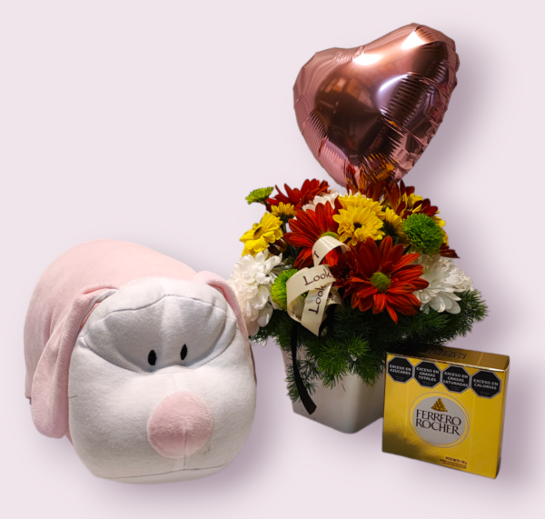 Florero con Globo Rosado, bombones Ferrero y Almohada - Imagen 2